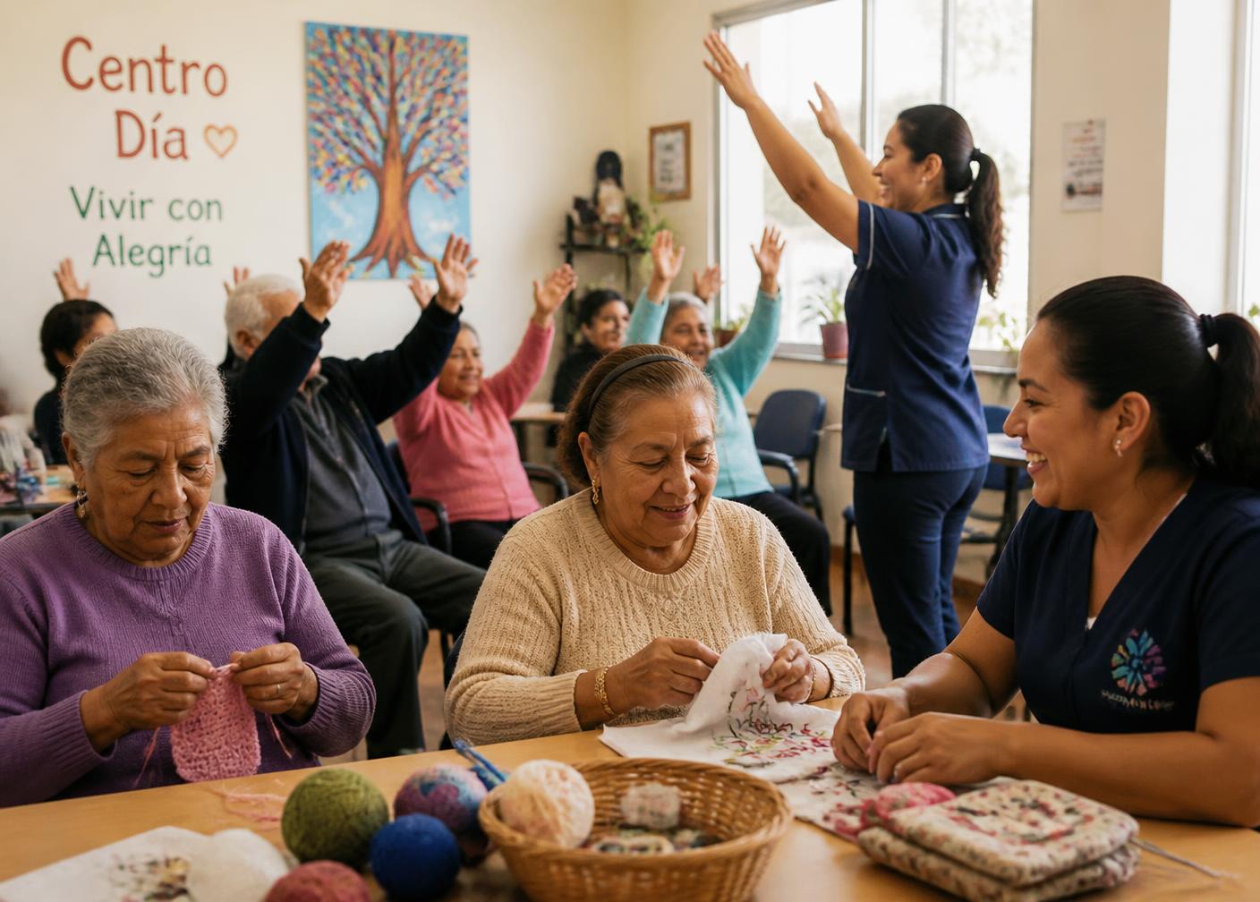 Adultos mayores participando en actividades y manualidades en el centro de día