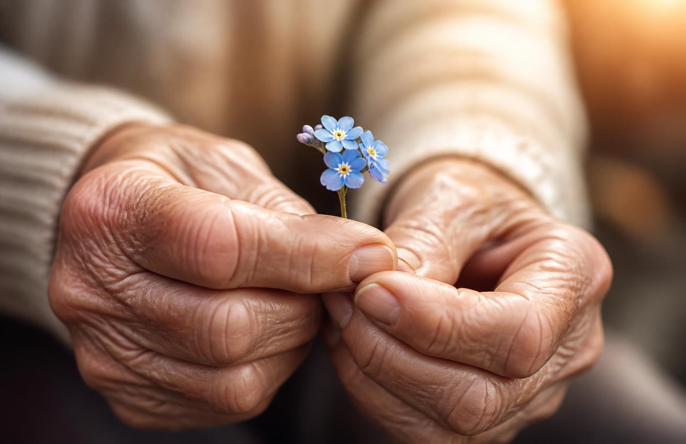Manos de una persona mayor sosteniendo una flor nomeolvides, símbolo del Alzheimer